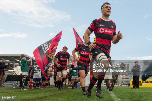 Luke Whitelock of Canterbury leads his team onto the field prior to the Ranfurly Shield round four Mitre 10 Cup match between Canterbury and...