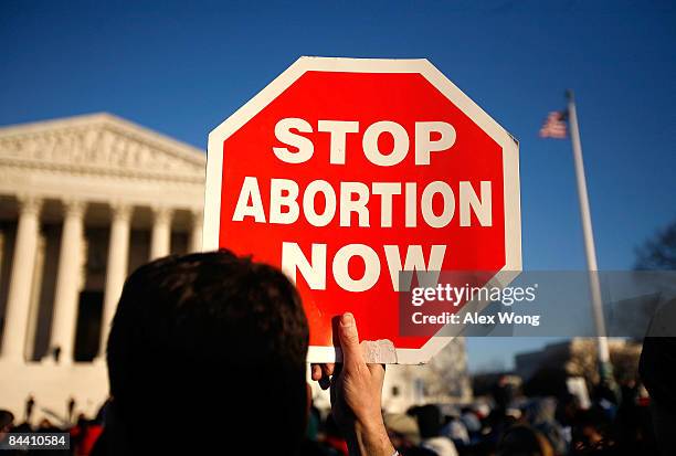 Pro-life activist holds a sign in front of the U.S. Supreme Court as he participates in the annual "March for Life" event January 22, 2009 in...