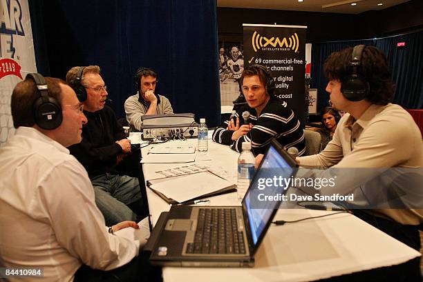 Drew Doughty of the Los Angeles Kings and Luke Schenn of the Toronto Maple Leafs speak to the press at the NHL YoungStars media availablity during...