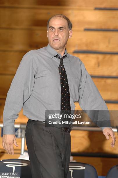 Harry Perretta, head coach of the Villanova Wildcats, looks on during a womens college basketball game against the George Washington Colonials on...