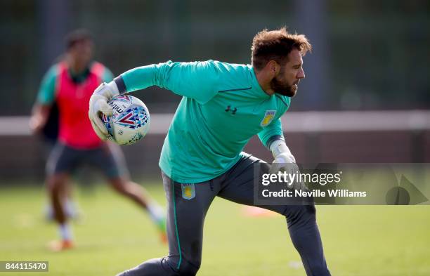 Mark Bunn of Aston Villa in action during a training session at the club's training ground at Bodymoor Heath on September 08 , 2017 in Birmingham,...