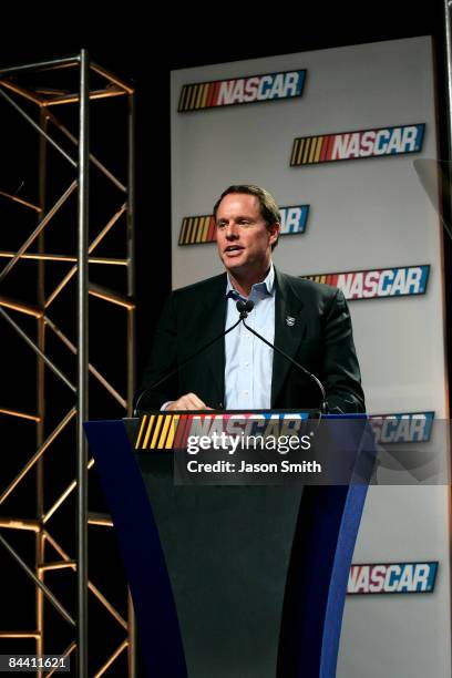 Hall of Fame Executive Director Winston Kelley speaks with the media during the NASCAR Sprint Media Tour hosted by Lowe's Motor Speedway at the...