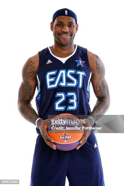 Lebron James of the Cleveland Cavaliers poses in his 2009 All Star Uniform at the Quicken Loans Arena on January 21, 2009 in Cleveland, Ohio. NOTE TO...