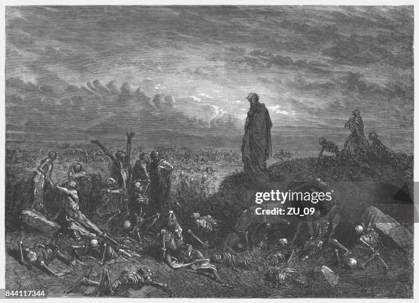 valley of dry bones (ezekiel 37), wood engraving, published 1886 - man dead body stock illustrations