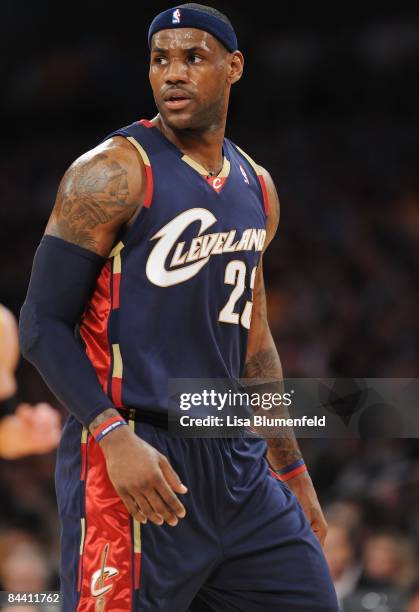 LeBron James of the Cleveland Cavaliers looks on during the game against the Los Angeles Lakers at Staples Center on January 19, 2009 in Los Angeles,...