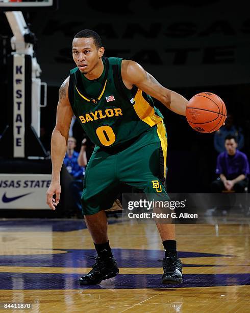 Curtis Jerrells of the Baylor Bears brings the ball up court against the Kansas State Wildcats on January 21, 2009 at Bramlage Coliseum in Manhattan,...