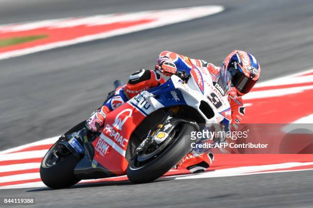 Ducati's rider Italian Danilo Petrucci competes during the free practice session at the Marco Simoncelli Circuit ahead of the San Marino Moto GP...
