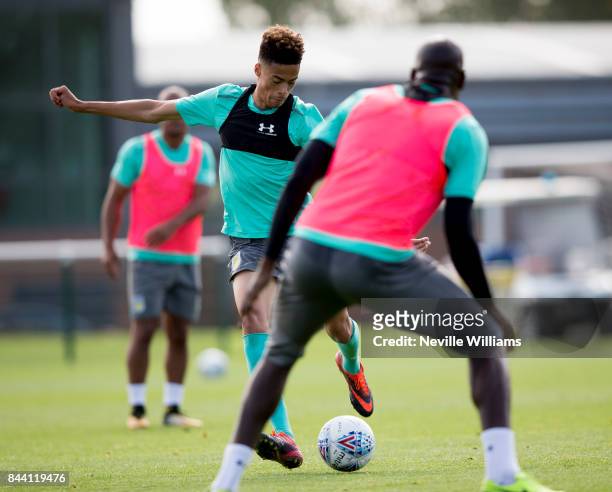 Harvey Knibbs of Aston Villa in action during a training session at the club's training ground at Bodymoor Heath on September 08 , 2017 in...