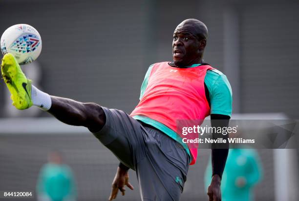 Chris Samba of Aston Villa in action during a training session at the club's training ground at Bodymoor Heath on September 08 , 2017 in Birmingham,...