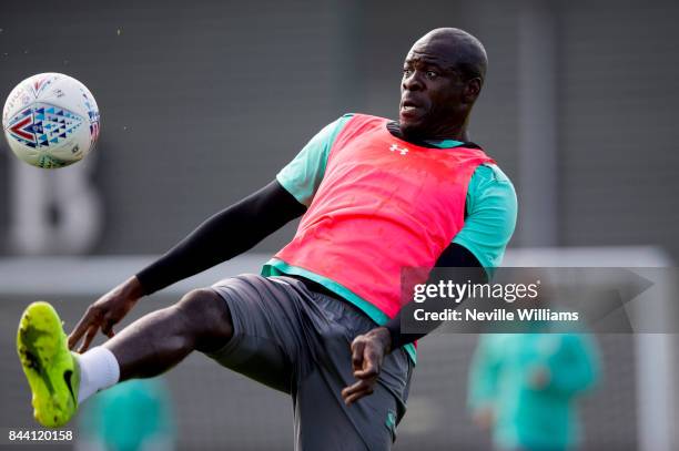 Chris Samba of Aston Villa in action during a training session at the club's training ground at Bodymoor Heath on September 08 , 2017 in Birmingham,...