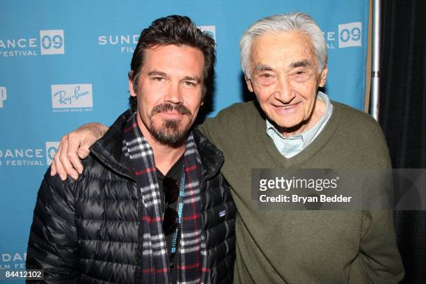 Actor Josh Brolin and author Howard Zinn pose during the People Speak ASCAP Music Cafe performance held during the 2009 Sundance Music Festival on...
