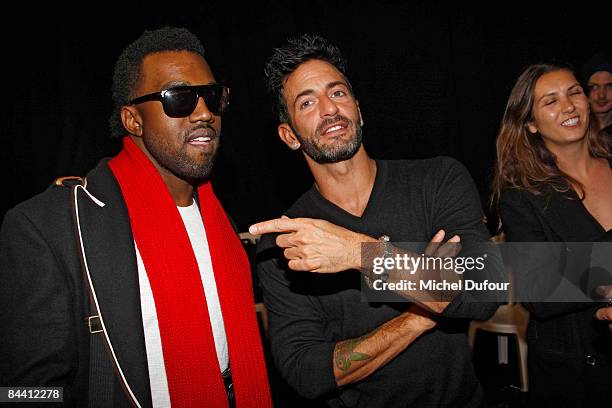 Kanye West and Marc Jacobs attend the Louis Vuitton fashion show during Paris Fashion Week Menswear Autumn/Winter 2009 on January 22, 2009 in Paris,...