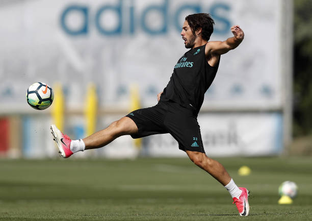Isco of Real Madrid in action during a training session at Valdebebas training ground on September 8, 2017 in Madrid, Spain.