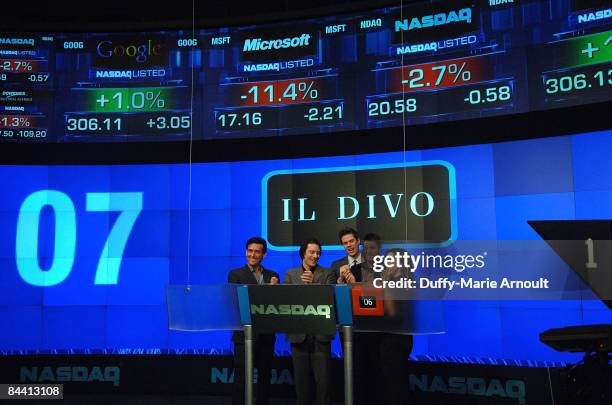 Members of Il Divo ring the NASDAQ closing bell at the NASDAQ MarketSite on January 22, 2009 in New York City.