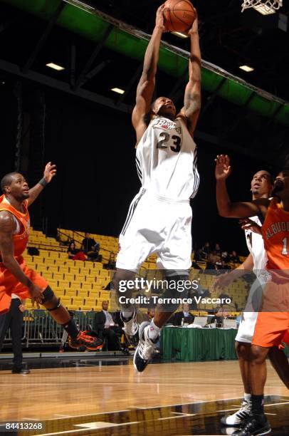 Geary Claxton of the Erie BayHawks takes the ball to the basket against the Albuquerque Thunderbirds during the NBA D-League Showcase at McKay Events...