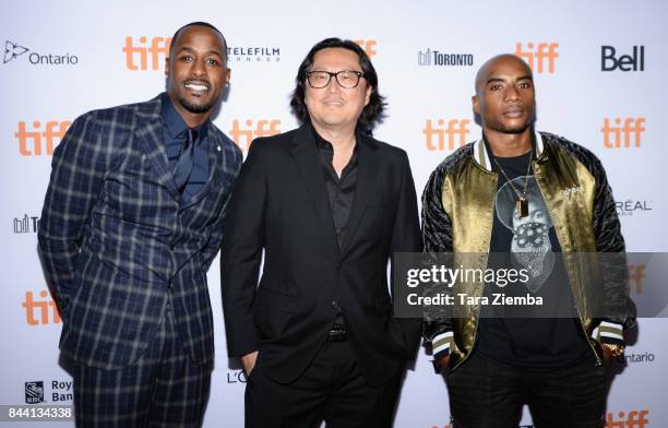 Jackie Long, Joseph Kahn, and Charlamagne tha God attend the 'Bodied' premiere during the 2017 Toronto International Film Festival at Ryerson Theatre...