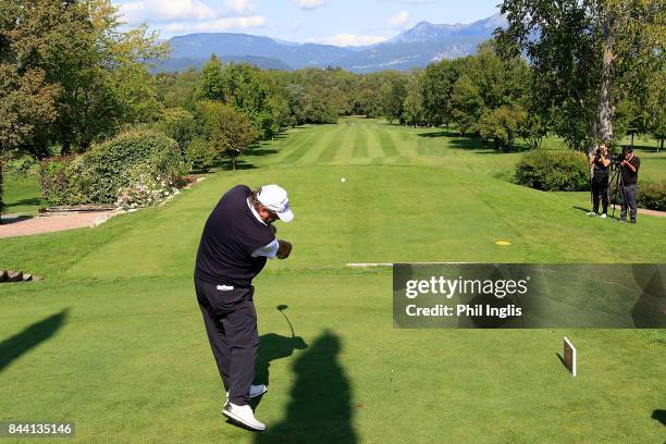 Costantino Rocca of Italy in action during the first round of the Senior Italian Open presented by Villaverde Resort played at Golf Club Udine on...