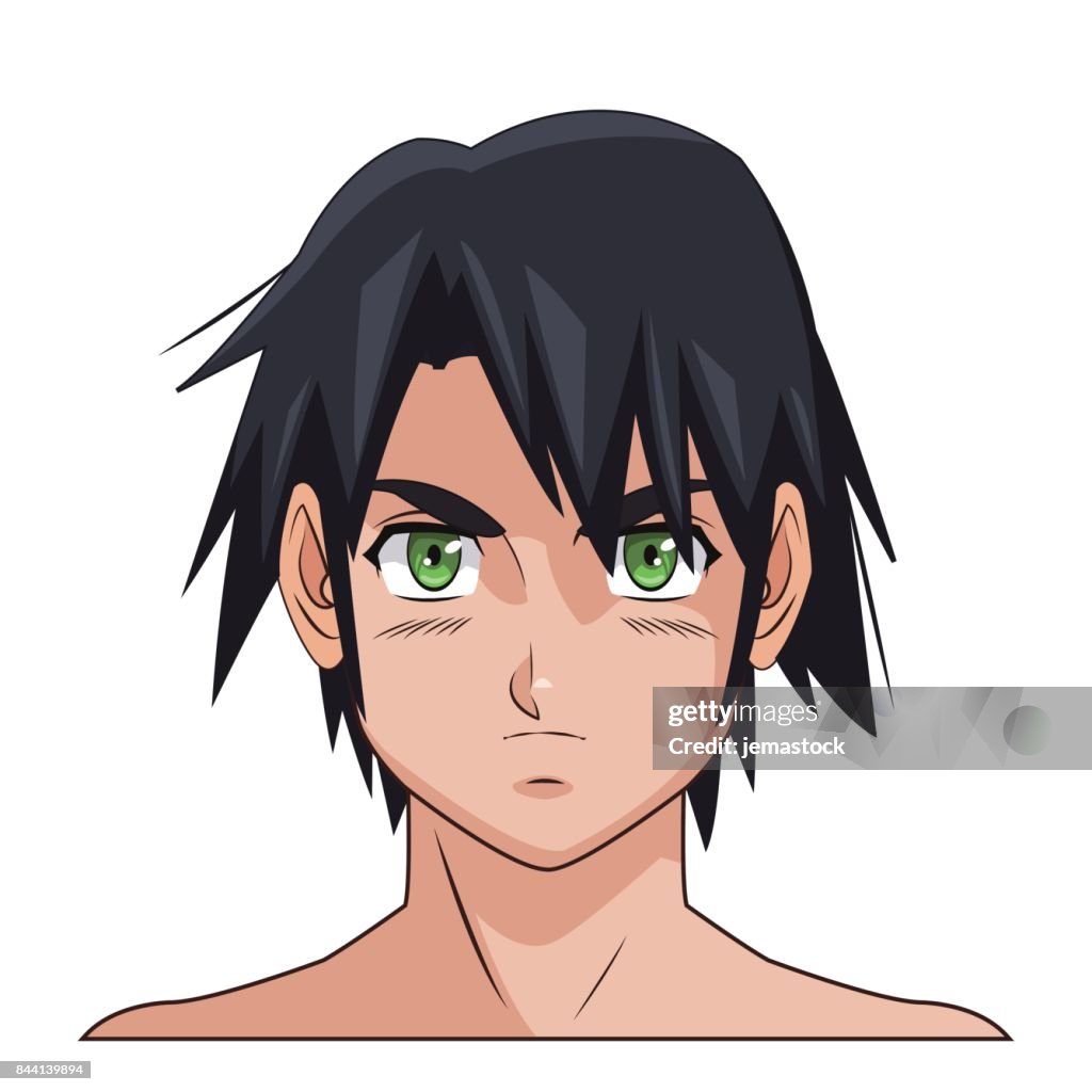 Retrato Cara Manga Anime Pelo Negro Hombre Verde Ojos Ilustración de stock  - Getty Images