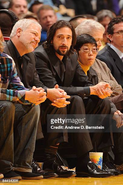 Actor Adrien Brody watches a game from courtside between the Washington Wizards and the Los Angeles Lakers at Staples Center January 22, 2009 in Los...