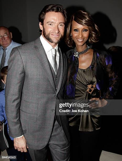 Actor Hugh Jackman and Model Iman attend the Nomad Two Worlds Preview Exhibit at Donna Karan's Stephan Weiss Gallery on January 22, 2009 in New York...