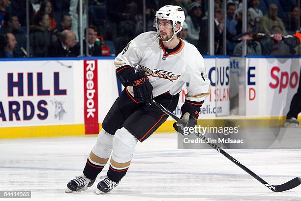 Drew Miller of the Anaheim Ducks skates against the New York Islanders on January 21, 2009 at Nassau Coliseum in Uniondale, New York. The Islanders...