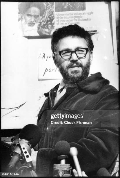 Iranian politician and diplomat Dr Ebrahim Yazdi speaks to the press, Neuphe-le-Chateau, France, January 1979. At the time, Yazdi was serving as an...