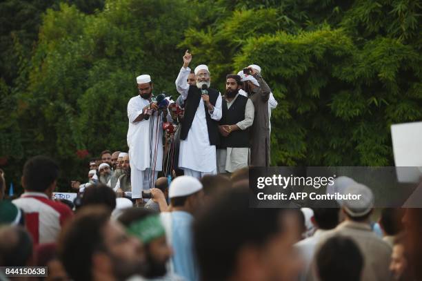 Islamist party Jamat-e-Islami chief Siraj ul Haq addresses demonstrators near the Myanmar embassy during a protest in Islamabad on September 8, 2017....