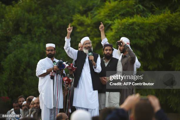 Islamist party Jamat-e-Islami chief Siraj ul Haq addresses demonstrators near the Myanmar embassy during a protest in Islamabad on September 8, 2017....