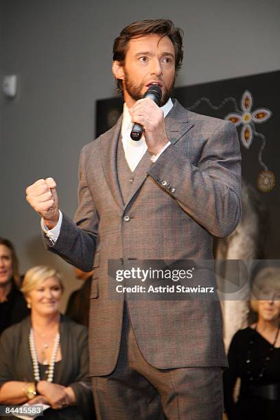 Actor Hugh Jackman speaks during the Nomad Two Worlds Preview Exhibit at Donna Karan's Stephan Weiss Gallery on January 22, 2009 in New York City.