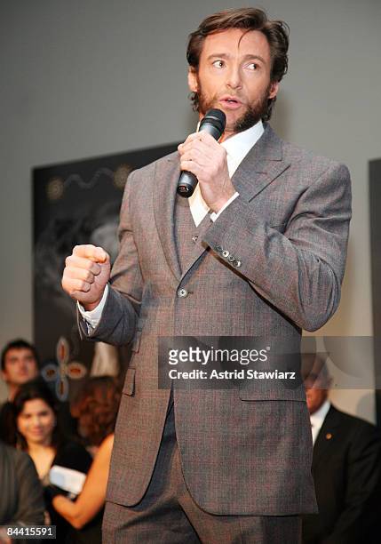 Actor Hugh Jackman speaks during the Nomad Two Worlds Preview Exhibit at Donna Karan's Stephan Weiss Gallery on January 22, 2009 in New York City.