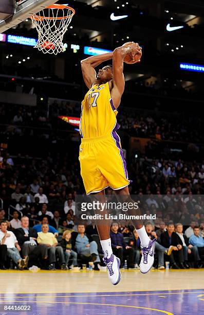 Andrew Bynum of the Los Angeles Lakers slam dunks the ball during the game against the Washington Wizards at Staples Center on January 22, 2009 in...