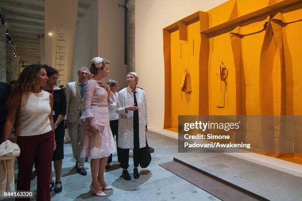 Queen Mathilde of Belgium visits the Arsenale area of the 57 International Art Biennale in Venice on September 8, 2017 in Venice, Italy.