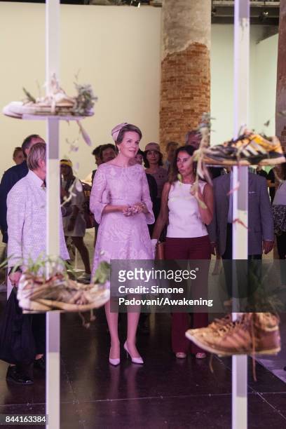 Queen Mathilde of Belgium visits the Arsenale area of the 57 International Art Biennale in Venice on September 8, 2017 in Venice, Italy.