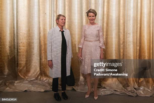 Queen Mathilde of Belgium visits the Arsenale area of the 57 International Art Biennale in Venice on September 8, 2017 in Venice, Italy.