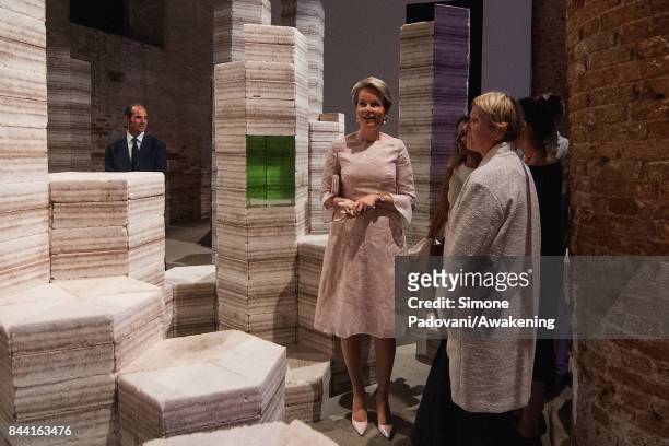 Queen Mathilde of Belgium visits the Arsenale area of the 57 International Art Biennale in Venice on September 8, 2017 in Venice, Italy.