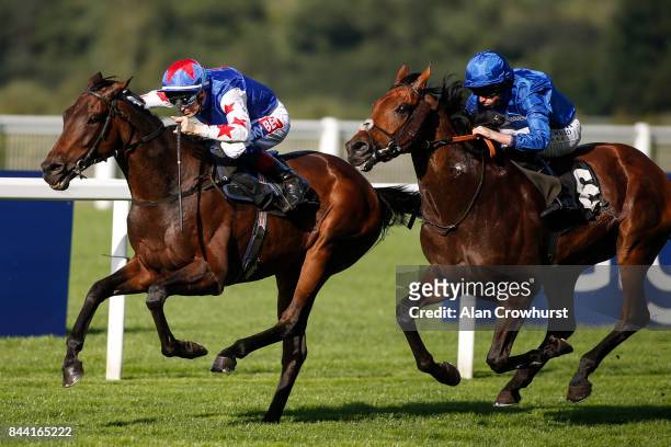 Fran Berry riding Great Hall win The Victorial Racing Club Handicap Stakes at Ascot racecourse on September 8, 2017 in Ascot, England.
