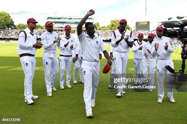 Kemar Roach of the West Indies salutes the crowd as he leaves the field after picking up a five wicket haul during day two of the 3rd Investec Test...