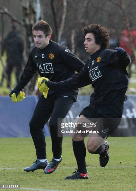 Zoran Tosic and Fabio Da Silva of Manchester United in action during a first team training session at Carrington Training Ground on January 23, 2009...