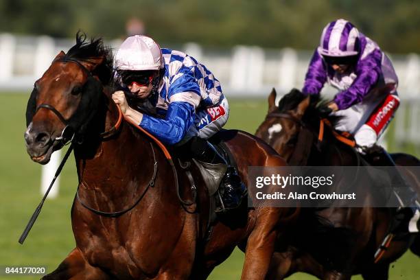 Fran Berry riding Leader Writer win The Weatherbys Handicap Stakes at Ascot racecourse on September 8, 2017 in Ascot, England.