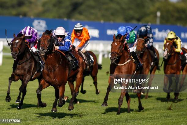 Fran Berry riding Leader Writer win The Weatherbys Handicap Stakes at Ascot racecourse on September 8, 2017 in Ascot, England.