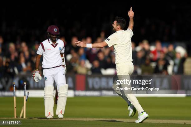 James Anderson of England celebrates dismissing Kraigg Brathwaite of the West Indies to claim his 500th test wicket during day two of the 3rd...