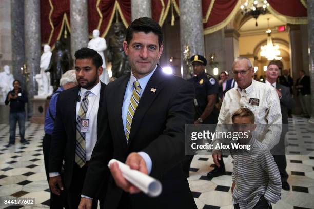Speaker of the House Rep. Paul Ryan returns to his office after a vote at the Capitol September 8, 2017 in Washington, DC. The House has passed a...
