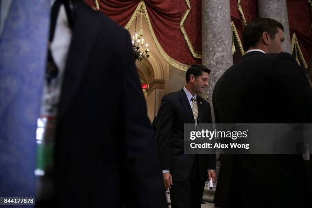 Speaker of the House Rep. Paul Ryan passes through the Statuary Hall after a vote at the Capitol September 8, 2017 in Washington, DC. The House has...