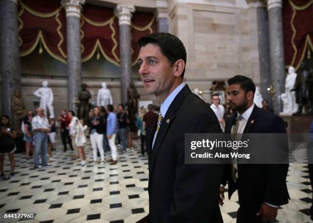 Speaker of the House Rep. Paul Ryan returns to his office after a vote at the Capitol September 8, 2017 in Washington, DC. The House has passed a...