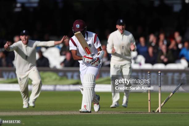Kraigg Brathwaite of West Indies becomes England's Jimmy Anderson's 500th Test wicket when he is bowled during day two of the 3rd Investec Test match...
