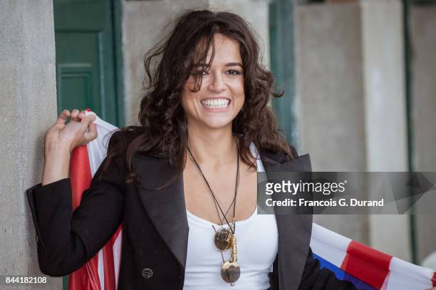 Michelle Rodriguez attends the naming ceremony of her dedicated beach cabana during the 43rd Deauville American Film Festival on September 8, 2017 in...