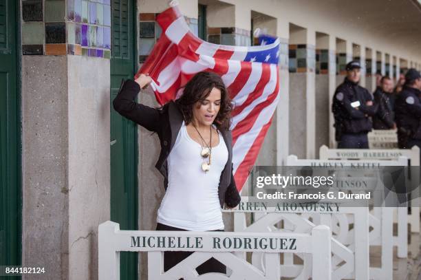 Michelle Rodriguez attends the naming ceremony of her dedicated beach cabana during the 43rd Deauville American Film Festival on September 8, 2017 in...