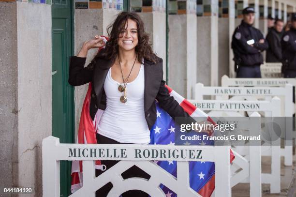 Michelle Rodriguez attends the naming ceremony of her dedicated beach cabana during the 43rd Deauville American Film Festival on September 8, 2017 in...