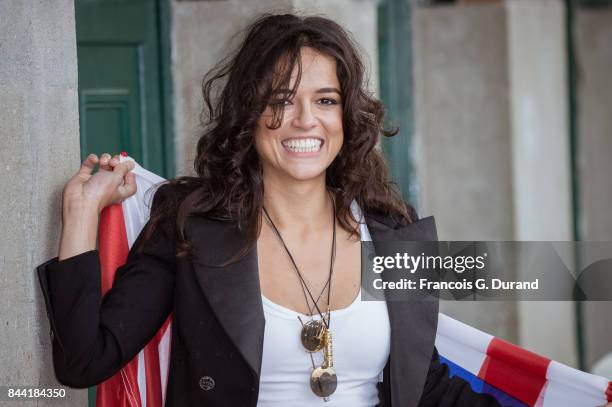 Michelle Rodriguez attends the naming ceremony of her dedicated beach cabana during the 43rd Deauville American Film Festival on September 8, 2017 in...