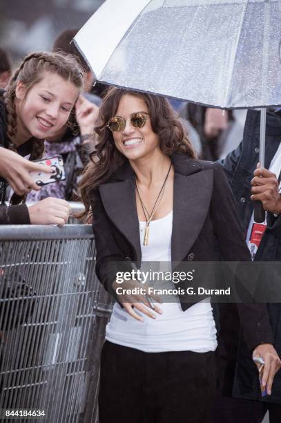 Michelle Rodriguez attends the naming ceremony of her dedicated beach cabana during the 43rd Deauville American Film Festival on September 8, 2017 in...